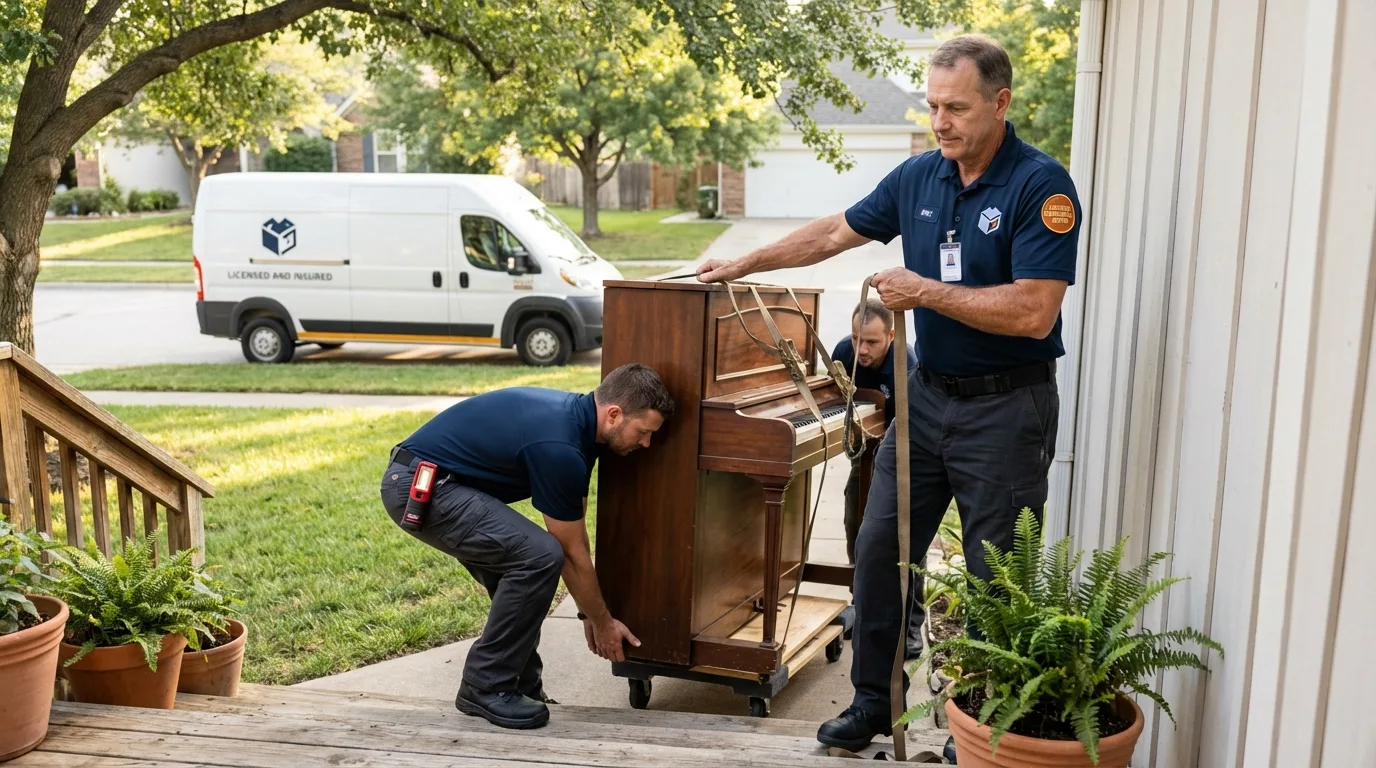 Licensed piano movers securing grand piano in Crookston, MN
