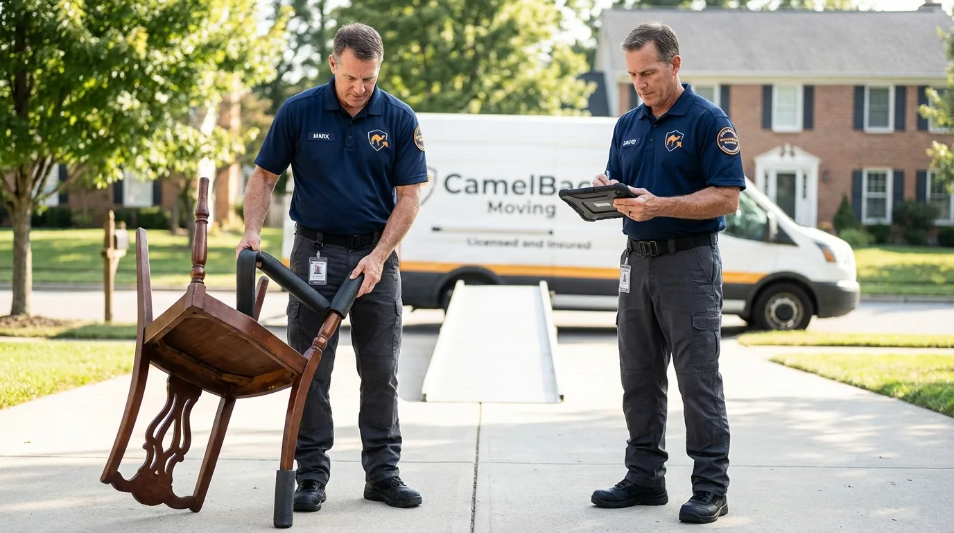 Movers inspecting furniture for damage prevention before loading in Crookston, MN