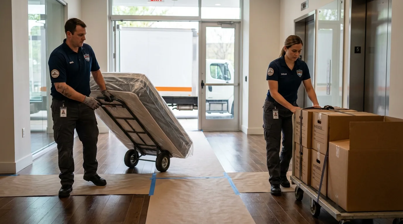 Professional apartment movers loading elevator in Crookston, MN