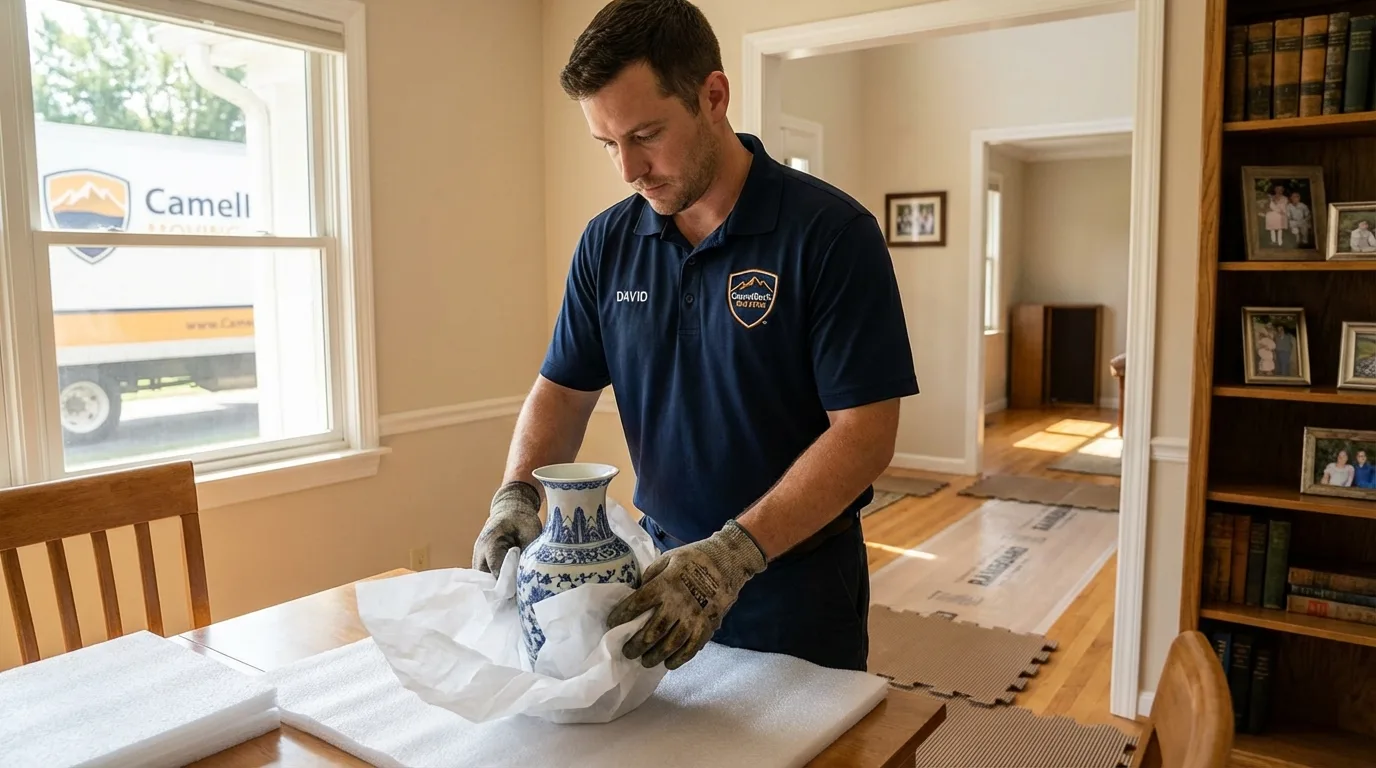 Professional crew carefully wrapping antique vase for senior downsizing move in Crookston, MN